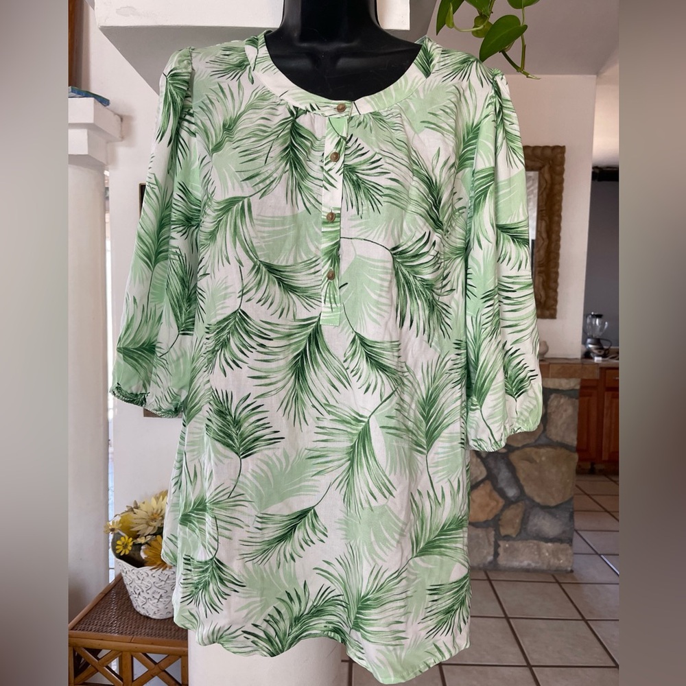 Fred David tropical  green floral print blouse size XL